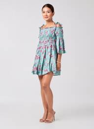 Robe courte imprimé fleurs manches 3/4 bleu RHUM RAISIN femme