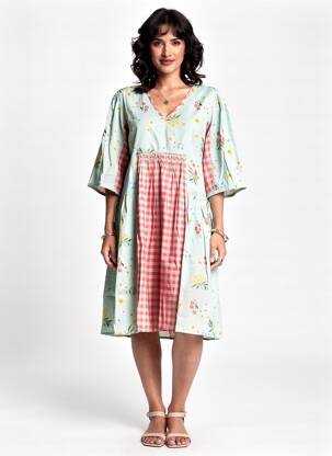 Robe mi-longue imprimé fleurs manches 3/4 bleu RHUM RAISIN femme