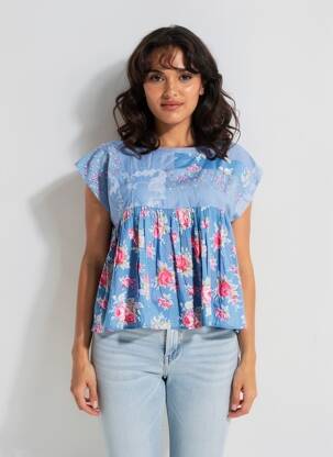 Blouse tissage popeline manches courtes bleu RHUM RAISIN femme