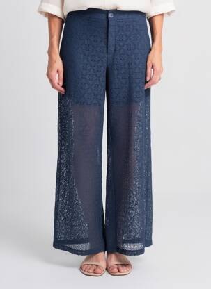 Pantalon large fermeture zippée sous rabat boutonné taille normale bleu CREAM femme