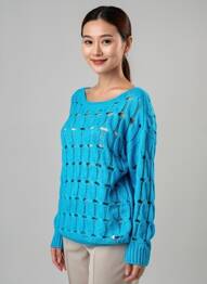 Pull maille ajourée manches longues bleu SEE THE MOON femme