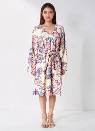 Robe mi-longue imprimé fleurs manches longues beige AKOZ DE TOI femme