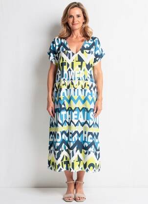 Robe mi-longue imprimé fantaisie manches courtes bleu I.ODENA femme