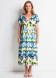 Robe mi-longue imprimé fantaisie manches courtes bleu I.ODENA femme