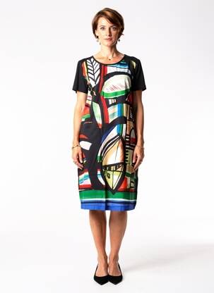 Robe mi-longue imprimé fantaisie manches courtes noir GRIFFON femme