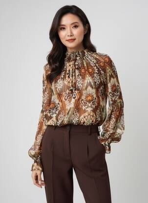 Blouse imprimé fantaisie manches longues marron YEST femme