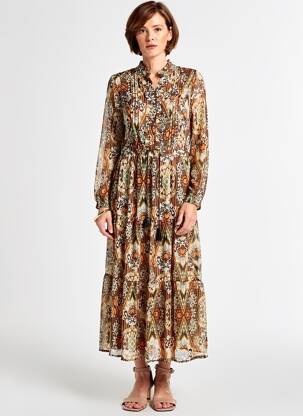 Robe mi-longue coupe fluide manches longues marron YEST femme