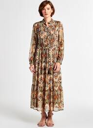 Robe mi-longue coupe fluide manches longues marron YEST femme