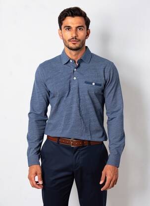 Polo tissage chiné manches longues bleu CAMBRIDGE homme