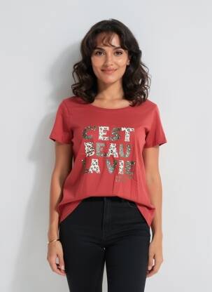 T-shirt sérigraphie floquée manches courtes rouge C'EST BEAU LA VIE femme