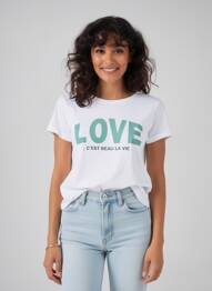 T-shirt sérigraphie floquée manches courtes blanc C'EST BEAU LA VIE femme