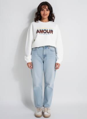 Sweat-shirt sérigraphie floquée manches longues blanc C'EST BEAU LA VIE femme