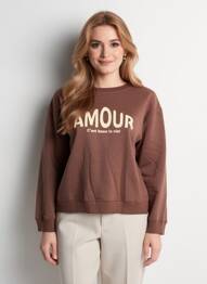 Sweat-shirt sérigraphie floquée manches longues marron C'EST BEAU LA VIE femme