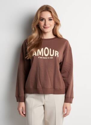 Sweat-shirt sérigraphie floquée manches longues marron C'EST BEAU LA VIE femme