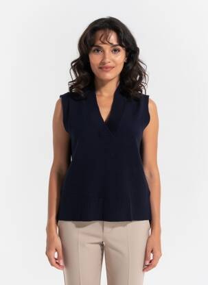 Pull coupe droite sans manche bleu C'EST BEAU LA VIE femme
