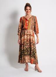 Robe longue imprimé fleurs manches 3/4 orange C'EST BEAU LA VIE femme