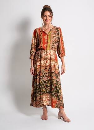 Robe longue imprimé fleurs manches 3/4 orange C'EST BEAU LA VIE femme