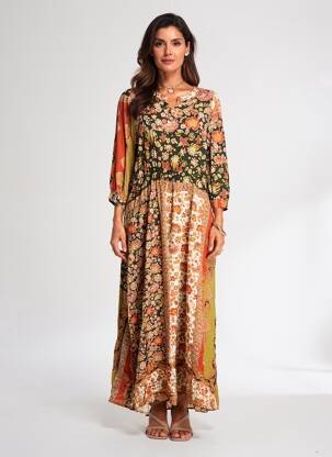 Robe longue imprimé fleurs manches 3/4 orange C'EST BEAU LA VIE femme