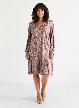 Robe mi-longue imprimé fleurs manches longues rouge C'EST BEAU LA VIE femme