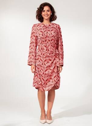 Robe mi-longue imprimé fleurs manches longues rouge C'EST BEAU LA VIE femme