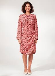 Robe mi-longue imprimé fleurs manches longues rouge C'EST BEAU LA VIE femme