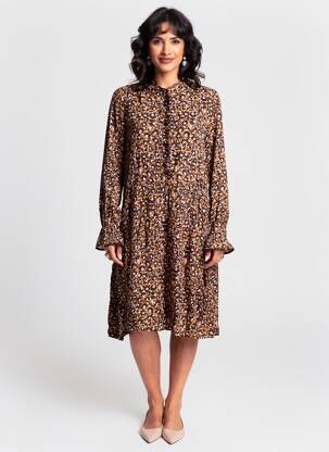 Robe mi-longue imprimé fleurs manches longues jaune C'EST BEAU LA VIE femme