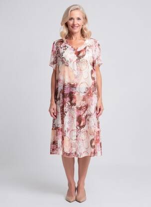 Robe mi-longue imprimé fantaisie manches courtes rose GEVANA femme