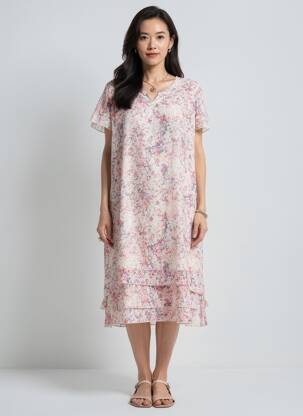 Robe mi-longue imprimé fleurs manches courtes rose ANNE KELLY femme