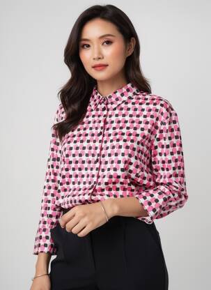 Chemisier tissage popeline manches longues rose JUST WHITE femme
