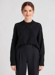 Pull maille ajourée manches longues noir CREAM femme