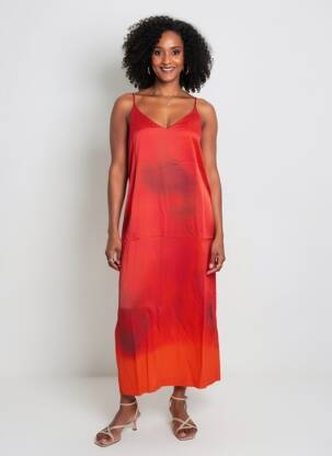 Robe longue coupe fluide fines bretelles orange MASSIMO DUTTI femme