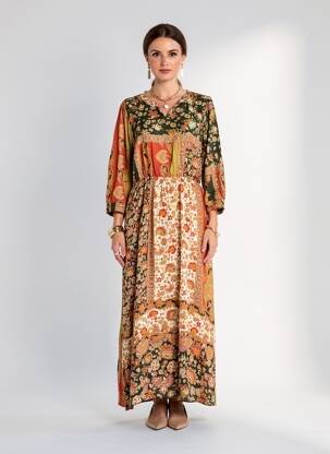 Robe longue imprimé fleurs manches 3/4 orange C'EST BEAU LA VIE femme