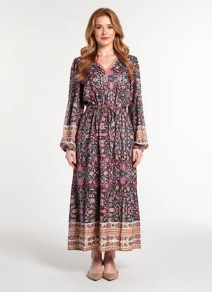 Robe longue tissage popeline manches longues noir C'EST BEAU LA VIE femme