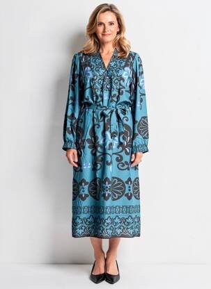 Robe longue tissage popeline manches longues bleu JULIE GUERLANDE femme