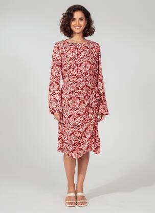 Robe mi-longue imprimé fleurs manches longues rouge C'EST BEAU LA VIE femme