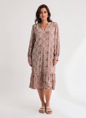 Robe mi-longue imprimé fantaisie manches longues rouge C'EST BEAU LA VIE femme
