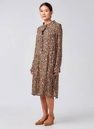 Robe mi-longue imprimé fleurs manches longues marron C'EST BEAU LA VIE femme