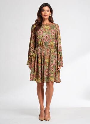 Robe mi-longue imprimé fantaisie manches longues vert C'EST BEAU LA VIE femme
