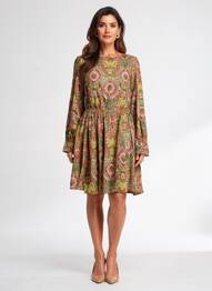 Robe mi-longue imprimé fantaisie manches longues vert C'EST BEAU LA VIE femme