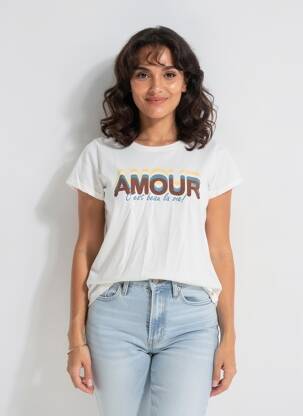 T-shirt sérigraphie manches courtes beige C'EST BEAU LA VIE femme