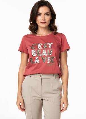 T-shirt sérigraphie manches courtes orange C'EST BEAU LA VIE femme