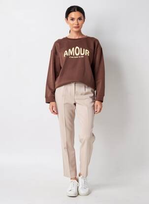 Sweat-shirt sérigraphie floquée manches longues marron C'EST BEAU LA VIE femme