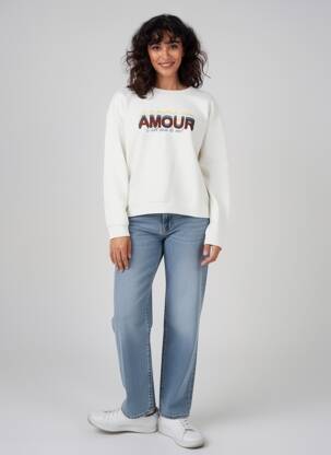 Sweat-shirt sérigraphie floquée manches longues blanc C'EST BEAU LA VIE femme
