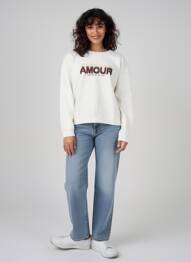 Sweat-shirt sérigraphie floquée manches longues blanc C'EST BEAU LA VIE femme