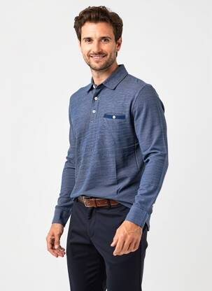 Polo tissage chiné manches longues bleu CAMBRIDGE homme