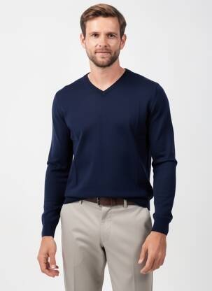 Pull col v manches longues bleu fonce CAMBRIDGE homme
