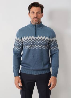 Pull tissage jacquard manches longues bleu CAMBRIDGE homme