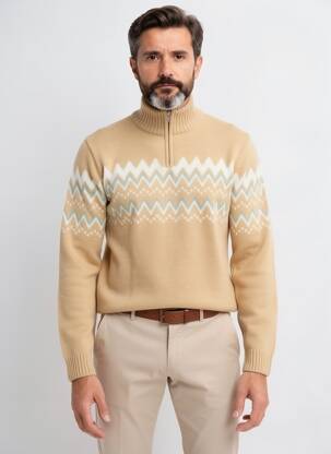 Pull tissage jacquard manches longues beige CAMBRIDGE homme