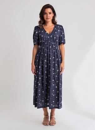 Robe mi-longue imprimé fantaisie manches courtes bleu WHITE STUFF femme