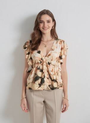 Top imprimé fantaisie manches courtes beige LE TEMPS DES CERISES femme